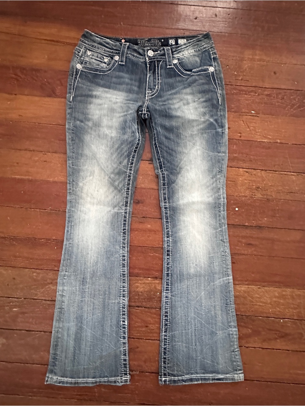 Miss Me Faded Blue Flare Jeans with Contrast Stitching